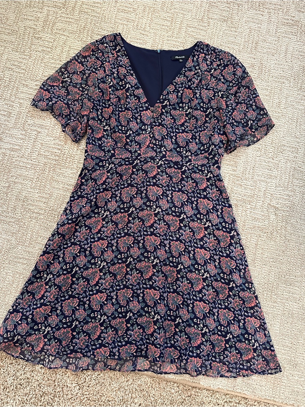 Madewell Navy Floral V-Neck Flutter Sleeve  Dress with Pink Floral Accents
